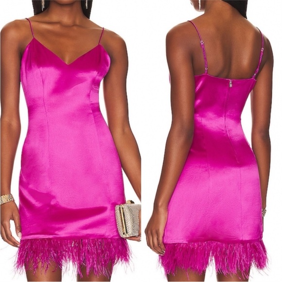 New Cami NYC Roxanne Feather Mini Dress Magnolia Hot Pink Satin 2 - Picture 1 of 12